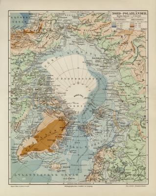 Nord Polarländer historische Landkarte Lithographie ca. 1910