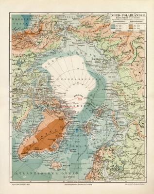Nord Polarländer historische Landkarte Lithographie ca. 1914