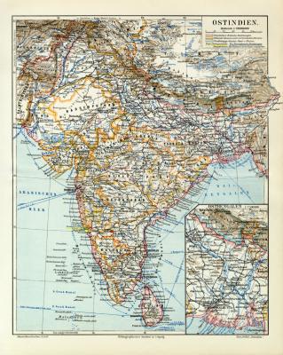 Ostindien historische Landkarte Lithographie ca. 1909