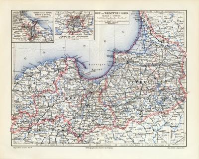 Ost & Westpreussen historische Landkarte Lithographie ca. 1909