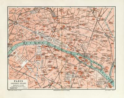 Paris historischer Stadtplan Karte Lithographie ca. 1909