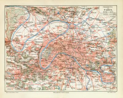 Paris Umgebung historischer Stadtplan Karte Lithographie ca. 1908