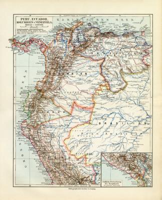 Peru Ecuador Kolumbien Venezuela historische Landkarte Lithographie ca. 1909