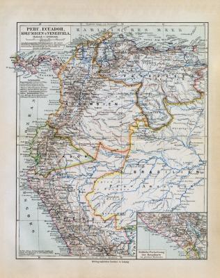 Peru Ecuador Kolumbien Venezuela historische Landkarte Lithographie ca. 1914