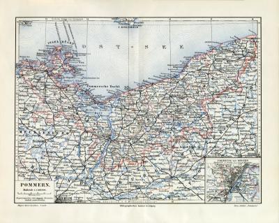 Pommern historische Landkarte Lithographie ca. 1909