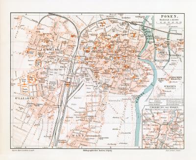 Posen historischer Stadtplan Karte Lithographie ca. 1909