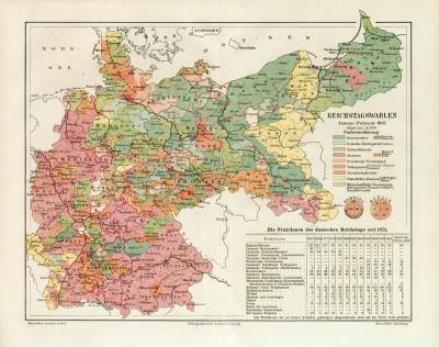 Reichstagswahlen Deutsches Reich 1907 historische Landkarte Lithographie ca. 1910