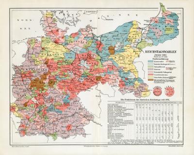 Reichstagswahlen Deutsches Reich 1912 historische Landkarte Lithographie ca. 1912