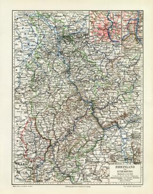 Rheinland und Luxemburg historische Landkarte Lithographie ca. 1912