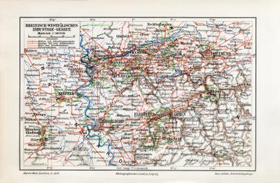 Rheinland Westfalen Industriegebiet historische Landkarte Lithographie ca. 1912