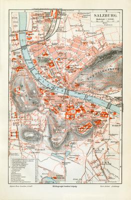 Salzburg historischer Stadtplan Karte Lithographie ca. 1907