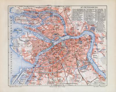 St. Petersburg historischer Stadtplan Karte Lithographie ca. 1909
