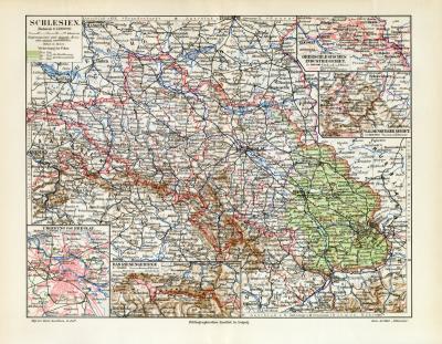 Schlesien historische Landkarte Lithographie ca. 1907