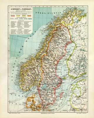 Schweden & Norwegen historische Landkarte Lithographie ca. 1908