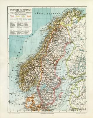 Schweden & Norwegen historische Landkarte Lithographie ca. 1909