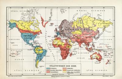 Welt Staatsformen historische Landkarte Lithographie ca. 1909