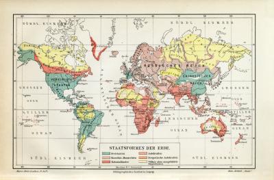 Welt Staatsformen historische Landkarte Lithographie ca. 1912