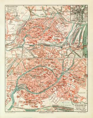 Strassburg historischer Stadtplan Karte Lithographie ca. 1914