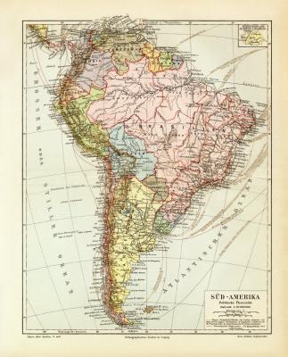 Südamerika Politische Übersicht historische Landkarte Lithographie ca. 1909