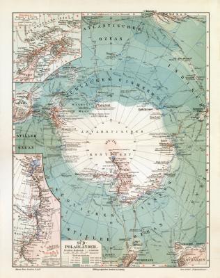 Süd Polarländer historische Landkarte Lithographie ca. 1912