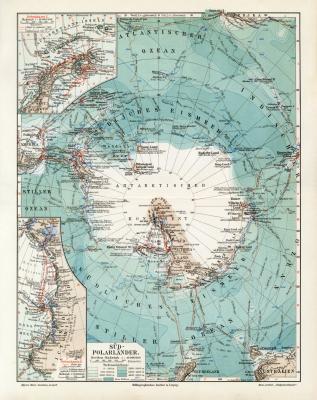 Süd Polarländer historische Landkarte Lithographie ca. 1914