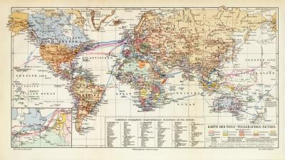 Welt Telegraphen Netz historische Landkarte Lithographie ca. 1914