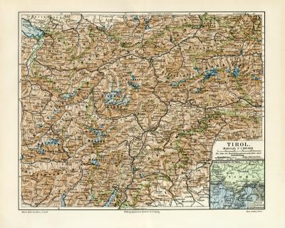 1907 antike Karte Geographie Tirol historische Landkarte Lithographie ca 