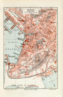 Triest historischer Stadtplan Karte Lithographie ca. 1912