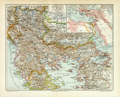 Europäische Türkei historische Landkarte Lithographie ca. 1908