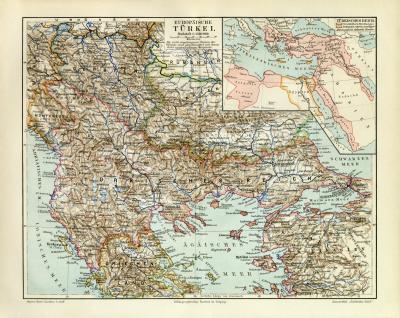 Europäische Türkei historische Landkarte Lithographie ca. 1909
