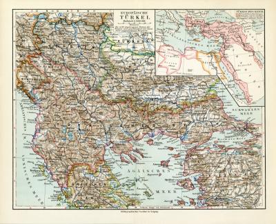 Europäische Türkei historische Landkarte Lithographie ca. 1912