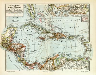 Westindien Mittelamerika Karibik historische Landkarte Lithographie ca. 1914