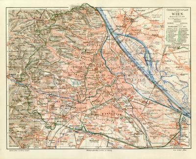 Wien Übersicht historischer Stadtplan Karte Lithographie ca. 1912