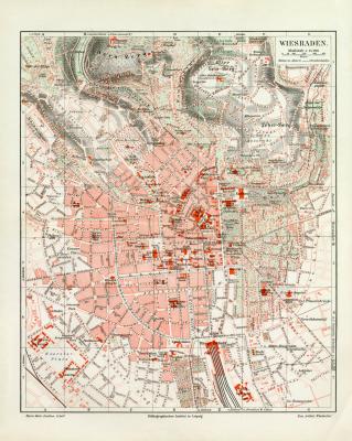 Wiesbaden historischer Stadtplan Karte Lithographie ca. 1918