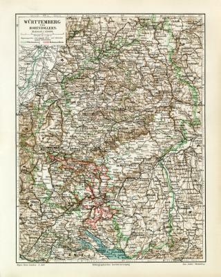 Württemberg & Hohenzollern historische Landkarte Lithographie ca. 1914