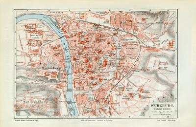Würzburg historischer Stadtplan Karte Lithographie ca. 1914