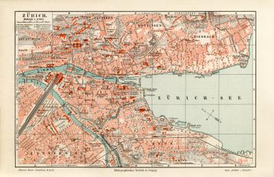 Zürich historischer Stadtplan Karte Lithographie ca. 1914