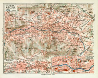 Historische Stadtplan farbig B14RA alte Stadtkarte 1901: Elberfeld und Barmen 