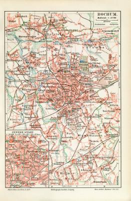 Bochum historischer Stadtplan Karte Lithographie ca. 1914
