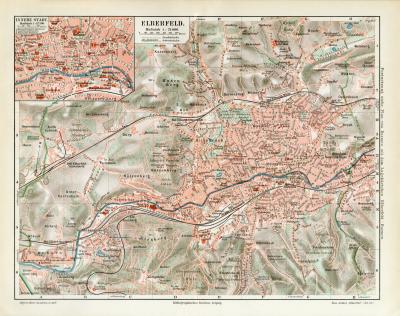 Elberfeld historischer Stadtplan Karte Lithographie ca. 1914