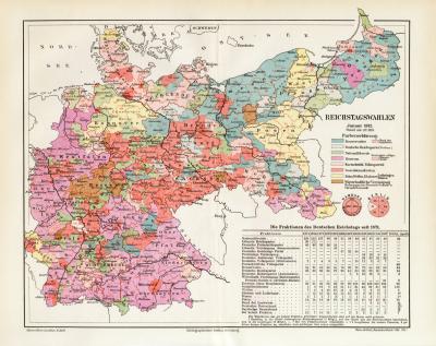 Reichstagswahlen 1912 Stand 1.4.1913 historische Landkarte Lithographie ca. 1914