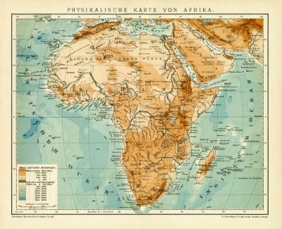 Physikalische Karte von Afrika historische Landkarte Lithographie ca. 1908