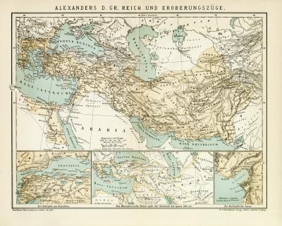Alexander der Gro&szlig;e Reich und Eroberungsz&uuml;ge Karte Lithographie 1895 Original der Zeit