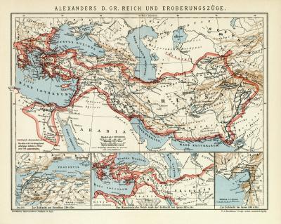 Alexander der Große Reich und Eroberungszüge historische Landkarte Lithographie ca. 1910