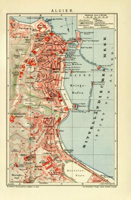 Algier historischer Stadtplan Karte Lithographie ca. 1905