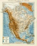 Physikalische Karte von Amerika I. Nordamerika historische Landkarte Lithographie ca. 1901