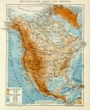 Physikalische Karte von Amerika I. Nordamerika historische Landkarte Lithographie ca. 1911