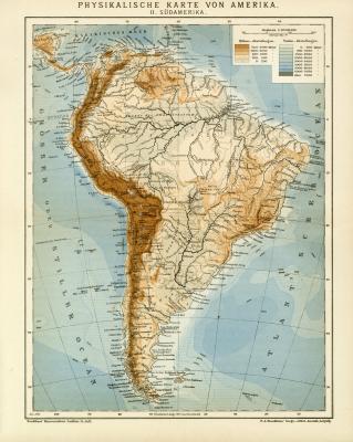 Physikalische Karte von Amerika II. Südamerika historische Landkarte Lithographie ca. 1901