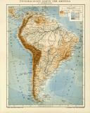 Physikalische Karte von Amerika II. Südamerika historische Landkarte Lithographie ca. 1901