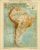 Physikalische Karte von Amerika II. Südamerika historische Landkarte Lithographie ca. 1904